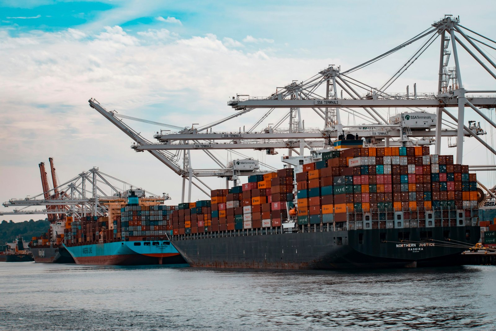 Container ship and cranes at a commercial port